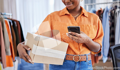 Image of Phone, hands or woman with box for delivery, shipping post or package in ecommerce logistics office. Online sale, stock or business owner with product label or store order for cargo courier service