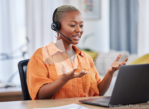 Image of Black woman, call center and consulting on laptop in customer service, support or telemarketing at home. African freelance person or consultant agent talking on computer with headset in online advice