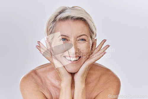 Image of Face, hands or mature woman with beauty, wellness or smile in studio isolated on white background. Natural, portrait or happy senior person with facial skincare cosmetics, self love or glowing shine