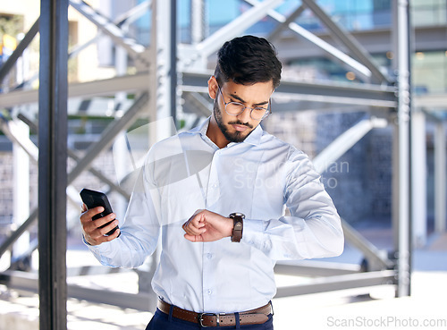Image of Business, outdoor and man with a smartphone, check time and schedule with a consultant, punctual and internet connection. Male person, employee outside or agent with a cellphone, watch or appointment