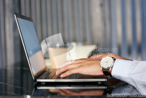 Image of Hands, laptop and person typing architect project proposal or budget for financial profit or writing an email online. Internet, research and worker or employee working and search the web or website