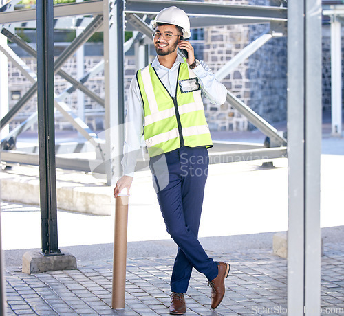 Image of Architect, phone call and happy man with blueprint at construction site, networking and communication with plan. Engineering, cellphone and negotiation discussion for safety and planning with smile.
