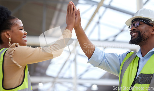 Image of Engineer, black man and woman with high five, teamwork and partnership with success, project and collaboration. Coworkers, staff and hand gesture with growth, manufacturing and support with happiness