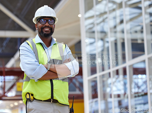 Image of Portrait, architect and black man with arms crossed, smile or happy for construction. African engineer, glasses and confident contractor, worker or professional from Nigeria with pride for career.