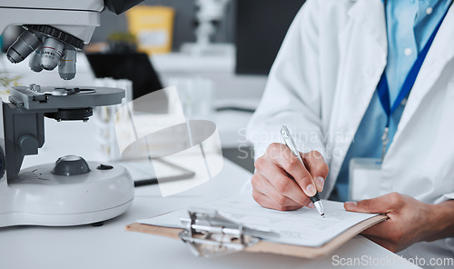 Image of Research, writing and science with hands of man in laboratory for report, pharmacy and medical. Checklist, healthcare and medicine with closeup of scientist and clipboard for data, vaccine and study