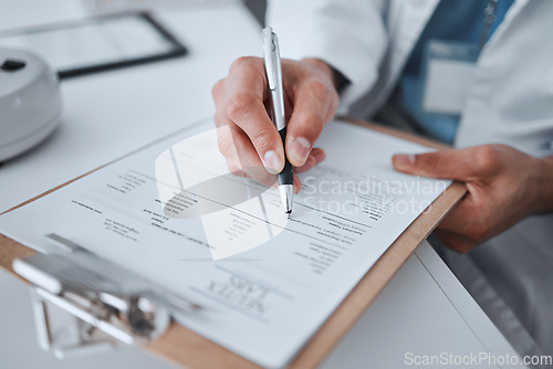 Image of Data, writing and science with hands of man in laboratory for report, pharmacy and medical. Checklist, healthcare and medicine with closeup of scientist and clipboard for research, vaccine and study