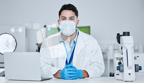 Image of Science, virus and portrait of man in laboratory for research, pharmacy and medical. Test, healthcare and medicine with male scientist and study for wellness, expert and vaccine development