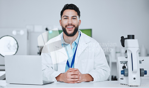 Image of Science, happy and portrait of man in laboratory for research, pharmacy and medical. Test, healthcare and medicine with male scientist and study for wellness, expert and vaccine development