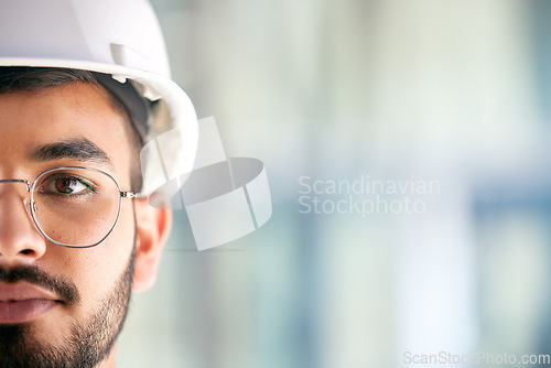 Image of Architecture, space and portrait of man on construction site for engineering, design and building. Mockup, real estate and property with face of contractor for renovation, builder and maintenance