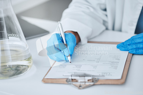 Image of Medicine, writing and science with hands of man in laboratory for report, pharmacy and medical. Checklist, healthcare and data with closeup of scientist and clipboard for research, vaccine and study