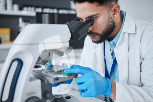 Image of Microscope, science and pharmacy with man in laboratory for research, medical and vaccine. Chemistry, healthcare and medicine with scientist and study for solution, development and sample results
