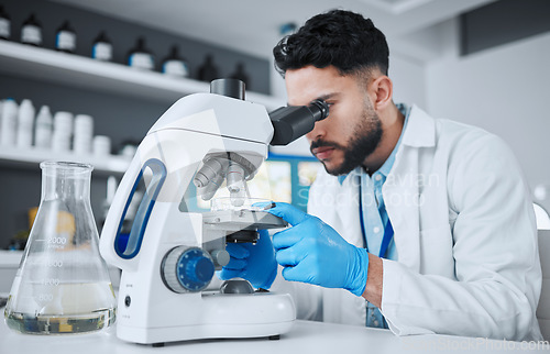 Image of Microscope, science and research with man in laboratory for pharmacy, medical and vaccine. Chemistry, healthcare and medicine with scientist and study for solution, development and sample results