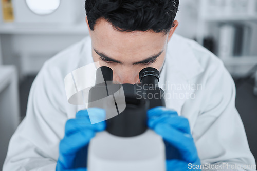 Image of Microscope, science and medical with man in laboratory for pharmacy, research and vaccine. Chemistry, healthcare and medicine with scientist and study for solution, development and sample results