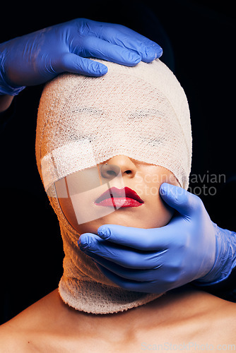 Image of Plastic surgery, cosmetics and bandage on face of woman in studio for beauty, skincare and dermatology. Aesthetic, makeup and transformation with person on dark background for change and facial