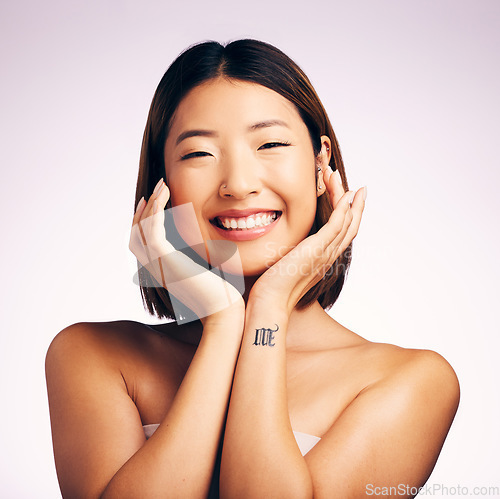 Image of Skincare, beauty and portrait of natural Asian woman on white background for wellness, spa and face cosmetics. Dermatology, salon and happy female person for facial, satisfaction and makeup in studio