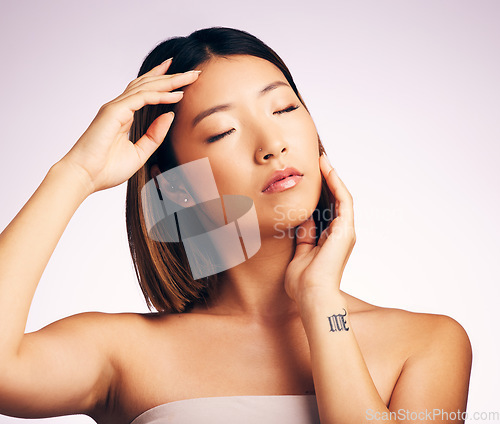 Image of Beauty, wellness and face of Asian woman in studio for skincare, luxury spa and cosmetics. Dermatology, salon mockup and female person with natural skin, satisfaction and facial on white background