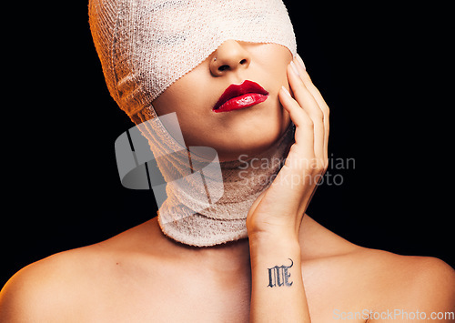 Image of Headscarf, fashion and a woman with lipstick on a dark background for retro or vintage aesthetic. Beauty, stylish and a girl or model with fashionable or trendy style isolated on a studio backdrop
