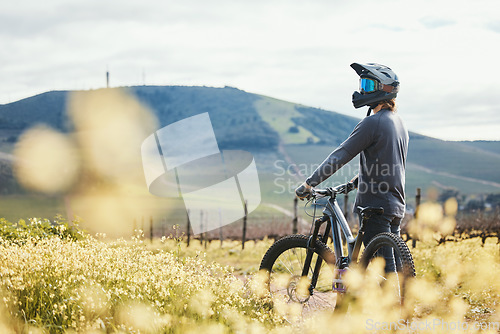 Image of Sports, mockup and man on mountain bike in nature for training, workout and exercise in countryside. Fitness, cycling and male person with bicycle for adventure, freedom and adrenaline on dirt road