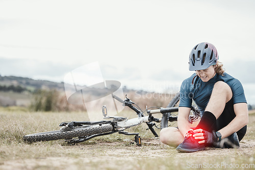 Image of Accident, cycling and man with foot pain in nature after a training injury and sports emergency. Inflammation, fitness and a biker or male cyclist with a muscle problem after riding a bike in a park