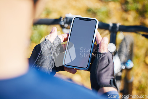 Image of Cycling, mockup space or cyclist with phone on social media for sports, training or fitness workout content. Screen ux, bicycle or biker with mobile app ui for networking, browsing or searching