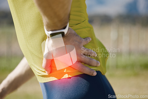 Image of Biker, hand or man with hip pain, injury or inflammation outdoors with torn muscle, strain or bruise. Cyclist, injured waist or sports athlete with accident, red glow or emergency in fitness training