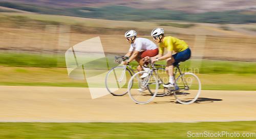 Image of Fitness, countryside or men cycling on a bicycle for training, cardio workout or race exercise together. Speed blur, healthy friends or sports athletes riding a bike off road or path for challenge