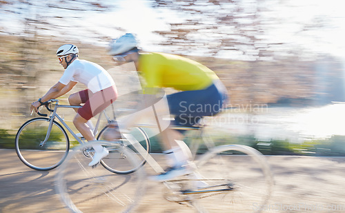 Image of Bicycle race, people and street with motion blur, speed or sport for fitness in countryside in summer. Men, cycling competition and together for fast moving, workout or adventure on journey in nature