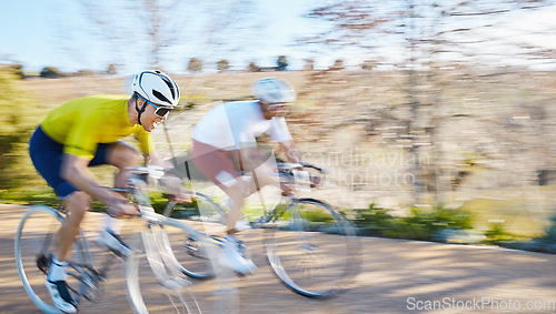 Image of Bicycle race, people and road with motion blur, speed or sport for fitness, countryside and summer. Men, cycling contest and partnership for fast exercise, workout and adventure on journey in nature