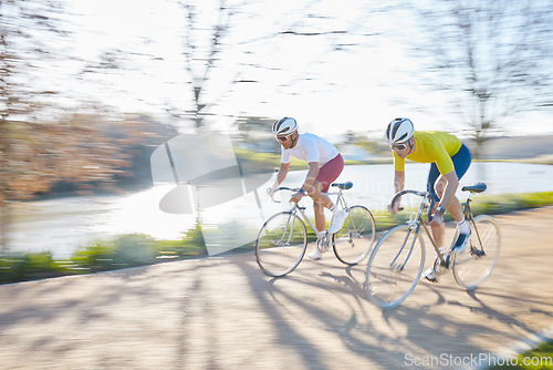 Image of Bicycle race, men and street with motion blur, speed or sports for fitness, countryside and summer. People, fast cycling or friends with training partnership, workout or exercise on journey in nature