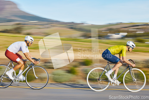 Image of Cycling race, people and outdoor in street with speed, sports or fitness in countryside in summer. Men, bicycle competition and motion blur for fast moving for workout, adventure or journey in nature