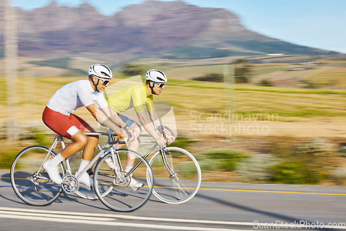 Image of Bicycle race, friends and road in motion blur, speed and sports for fitness, countryside and mountains. People, fast bike and men with cycling partnership, workout and training on journey in nature