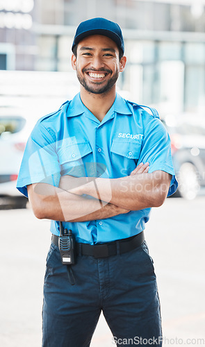 Image of Portrait, security guard or safety officer man on the street for protection, patrol or watch. Law enforcement, happy and crime prevention worker or asian male in uniform in city with service smile