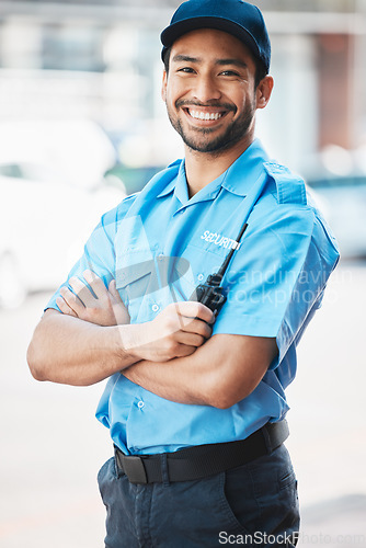 Image of Security guard, happy man and portrait of safety officer on street for protection, patrol or watch. Law enforcement, smile and walkie talkie of crime prevention person in uniform outdoor in the city