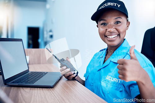 Image of Security guard, thumbs up and police use a walkie talkie or radio for an emergency or criminal investigation. Protection, safety and officer talking in a law enforcement service office for crime