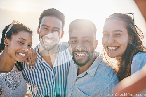 Image of Friends, selfie and sunshine, happy outdoor with travel and freedom, men and women with face in nature. Smile for picture, memory and social media post, group of people and adventure in summer