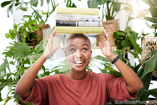 Image of Plant care, learning and woman reading gardening books for instructions, tips and ideas for home garden. Greenery, nature and black woman with book, manual or thinking of literature on house plants