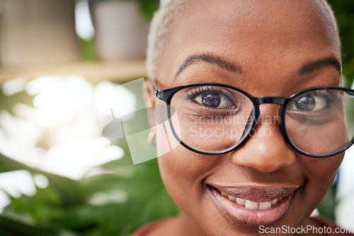 Image of Black woman, glasses and vision, face with eye care and optometry with frame and prescription lens. Eyesight, health and ophthalmology, female person in portrait with spectacles or cosmetic eyewear