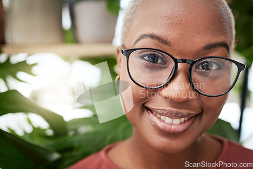 Image of Face, headshot and black woman in glasses and eye care, optometry with frame and prescription lens for vision. Eyesight, health and ophthalmology, female person in portrait with cosmetic spectacles