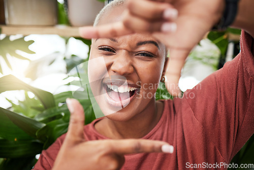 Image of Black woman, portrait and hands in frame of face for selfie memory, vlog or social media in garden. Happy African female person with smile for photo, picture or capture moment in natural back yard