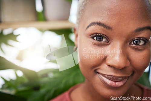 Image of Portrait, plants and flare with a black woman gardener in her home for sustainability or green growth. Face, beauty and smile with a happy young female person in a nursery for eco friendly gardening