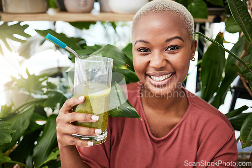 Image of Health, diet and smile with black woman and smoothie for detox, breakfast and protein. Nutrition, food and weight loss with face of person and drink for green juice, vitamins and supplement