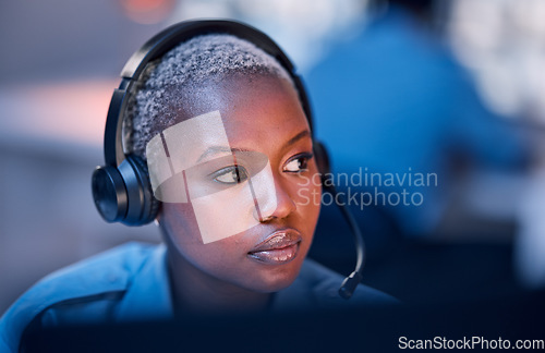 Image of Safety, security or woman in call center for emergency or legal service thinking of danger in office at night. Worker, law patrol or face of female police contact agent with headset for communication