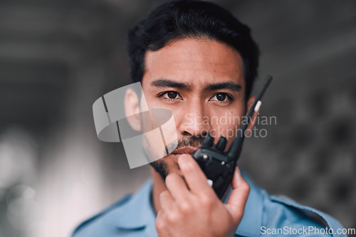 Image of Security guard, walkie talkie or safety officer man outdoor for protection, patrol or watch. Law enforcement, serious face and duty with a crime prevention male worker in uniform for communication