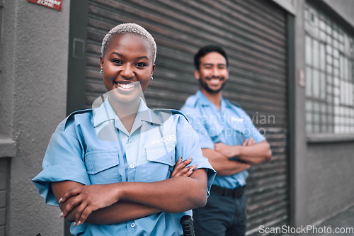 Image of Team, security guard or safety officer portrait on the street for protection, patrol or watch. Law enforcement, smile and duty with a crime prevention unit man and woman in uniform in the city