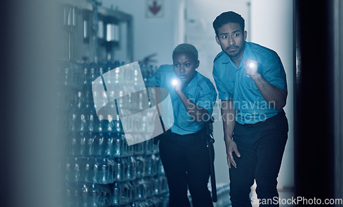 Image of Security, night or police team in crime investigation in a store for protection services in emergency or crisis. Teamwork, dark or professional safety employees search a room for criminal danger