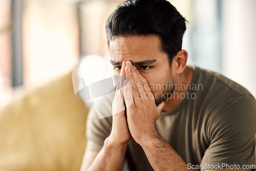 Image of Man with trauma, stress and mental health problem, therapy and psychology, depressed and thinking about abuse. Male person in crisis, sad with depression and pain at home, burnout and anxiety