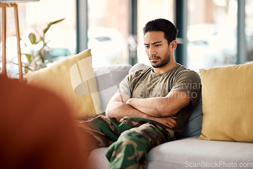 Image of Sad, therapy and a military man with a psychologist for counselling, depression and psychology. Young army, veteran or soldier person with a therapist for mental health, consultation or help