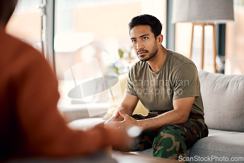 Image of Support, therapy and a military man with a psychologist for counselling, depression and psychology. Young army, veteran or soldier person with a therapist for mental health, consultation or help