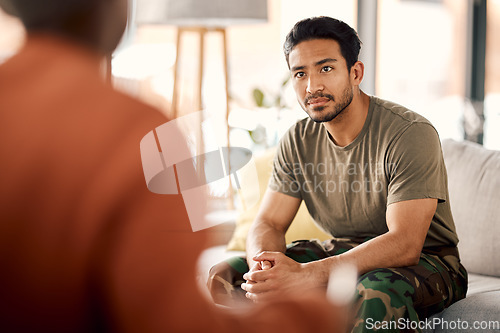 Image of Listen, therapy and a military man with a psychologist for counselling, support and psychology. Young army, veteran or soldier person on therapist couch for mental health, consultation or help