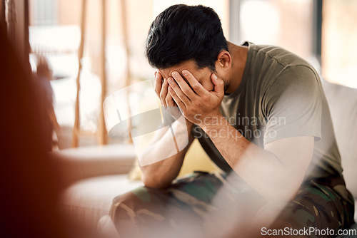 Image of Man with trauma, stress and mental health, sad with problem and therapy, depressed and thinking about abuse. Male person in crisis, depression and pain at home, burnout and anxiety with psychology